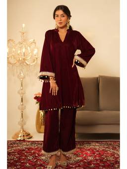 SAYARISH - Maroon Lace Work Velvet Co-Ord Set