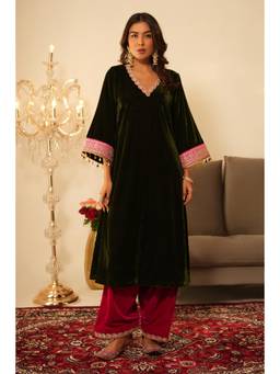 SAYARISH - Mehndi Green Lace Work Velvet Kurta with Salwar