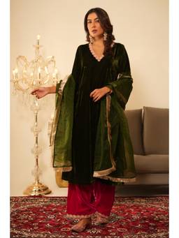 SAYARISH - Mehndi Green Lace Work Velvet Kurta with Salwar and Dupatta