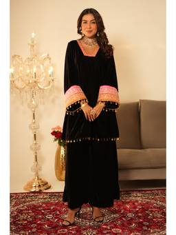SAYARISH - Black Lace Work Velvet Kurti with Palazzo