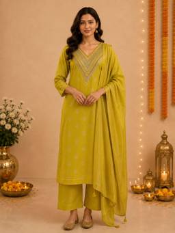 Sindh Fashion - Yellow Embellished Kurta with Pant and Dupatta