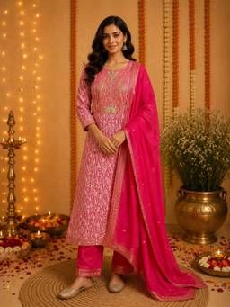 Sindh Fashion - Pink Banarsi Kurta with Pant and Dupatta