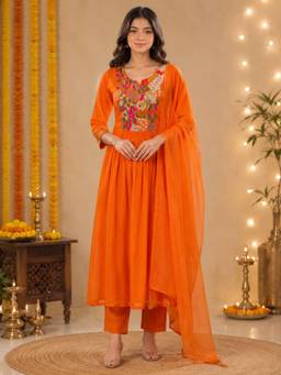 Sindh Fashion - Orange Embroidered Anarkali Kurta with Pant and Dupatta