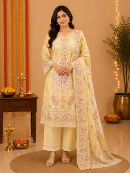 Sindh Fashion - Yellow Printed Kurta with Pant and Dupatta