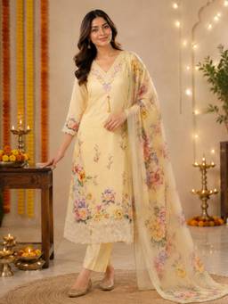 Sindh Fashion - Yellow Floral Printed Kurta with Pant and Dupatta