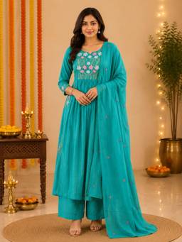 Sindh Fashion - Teal Blue Floral Embroidered Anarkali Kurta with Pant and Dupatta