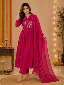 Sindh Fashion - Magenta Floral Embroidered Anarkali Kurta with Pant and Dupatta
