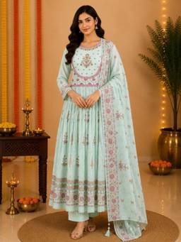 Sindh Fashion - Green Floral Printed Anarkali Kurta with Pant and Dupatta
