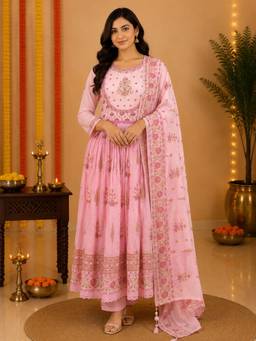 Sindh Fashion - Pink Floral Printed Anarkali Kurta with Pant and Dupatta