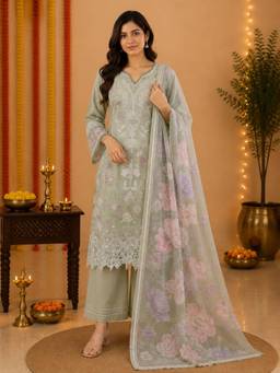 Sindh Fashion - Sage Green Floral Kurta with Pant and Dupatta