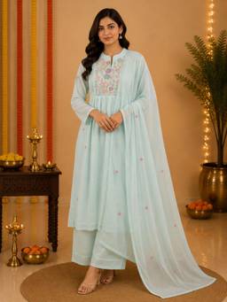 Sindh Fashion - Sky Blue Floral Anarkali Kurta with Pant and Dupatta