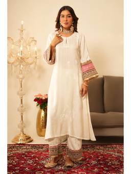 SAYARISH - Ivory Lace Work Velvet Kurta with Pant