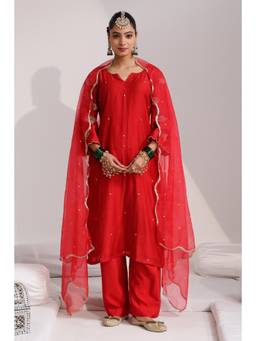 SAYARISH - Resha Red Embroidered Kurta with Pant and Dupatta