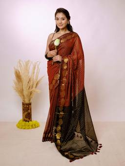 Aparna - Maroon Cotton Silk Saree with Gold Zari and Lotus Border