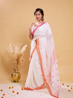 Aparna - White Cotton Jamdani Saree with Butti and Contrast Border