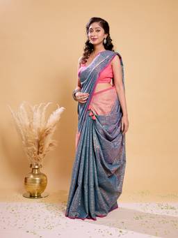 Aparna - Blue Cotton Silk Saree with All Over Zari Brocade Jaal Weave