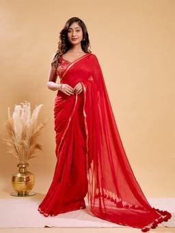 Aparna - Bright Red Soft Mul Cotton Saree with Gold Zari Border and Tassels