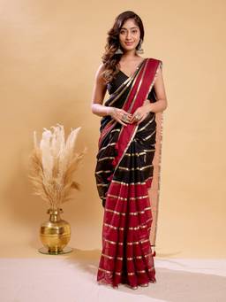 Aparna - Black Cotton Saree with Gold Zari Striped Two Tone Drape