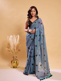 Aparna - Blue Soft Mul Cotton Saree with Black Polka Dot Print