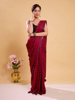 Aparna - Red Gingham Check Pure Cotton Saree