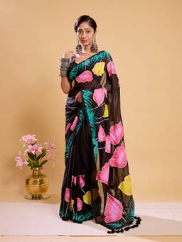 Aparna - Black Soft Mul Cotton Saree with Hand Painted Floral Tulip Print