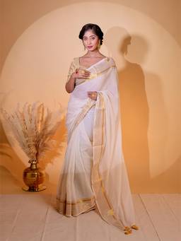 Aparna - Off White Kerala Kasavu Cotton Saree with Gold Zari Border