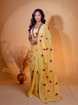 Aparna - Yellow Check Cotton Saree with Pink Tulip Floral Embroidery