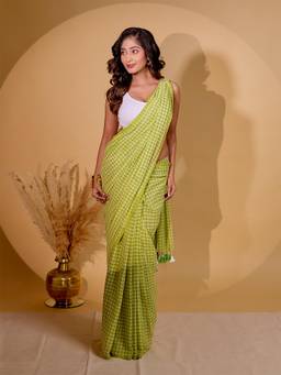 Aparna - Lime Green Gingham Check Pure Cotton Saree
