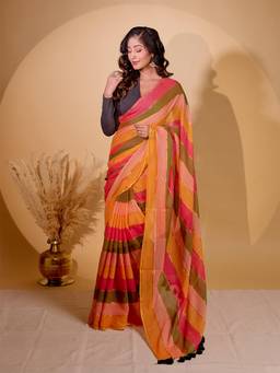 Aparna - Multicolour Striped Pure Cotton Saree with Vibrant Hand Woven Bands