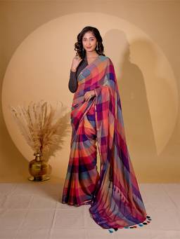 Aparna - Multicolour Big Check Pure Cotton Saree with Vibrant Tassels