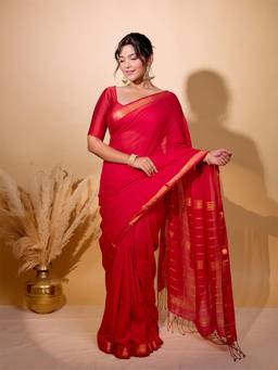 Aparna - Bright Red Soft Mul Cotton Saree with Gold Zari Striped Pallu
