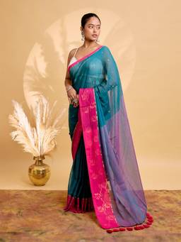 Aparna - Teal Cotton Saree with Woven Butti and Contrast Border
