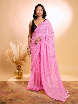 Aparna - Pink Gingham Check Pure Cotton Saree
