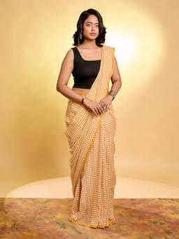 Aparna - Mustard Small Gingham Check Pure Cotton Saree
