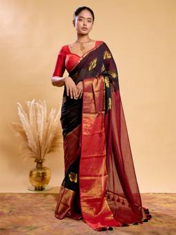 Aparna - Black Cotton Silk Saree with Gold Floral Butta and Red Tissue Border