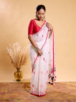 Aparna - White Soft Mul Cotton Saree with Pink Floral