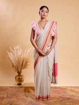 Aparna - Off White Pure Cotton Saree with Bold Orange Black Striped Border