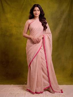Aparna - Nude Beige Soft Mul Cotton Saree with Slim Pink Piping Border