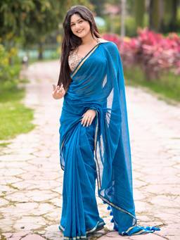 Aparna - Peacock Blue Soft Mul Cotton Saree with Slim Gold Zari Border