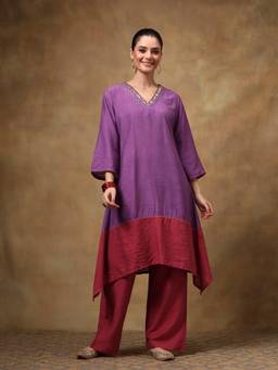TAHILIYA - Purple Cotton Silk A-Line Kurta with Pant
