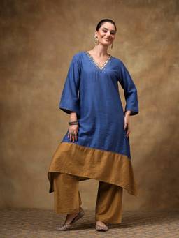 TAHILIYA - Navy Blue Cotton Silk A-Line Kurta with Pant