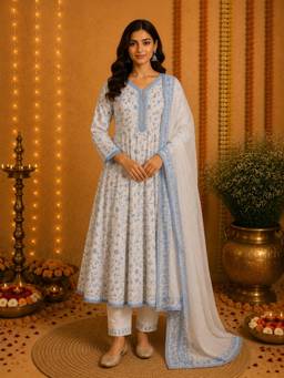 Sindh Fashion - White Anarkali Kurta with Pant and Dupatta