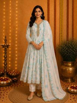 Sindh Fashion - White Anarkali Kurta with Pant and Dupatta