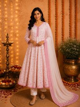 Sindh Fashion - White Anarkali Kurta with Pant and Dupatta