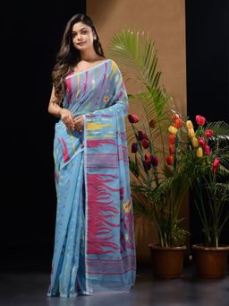 CHARUKRITI - Blue Handwoven Saree with Woven Motifs & Floral Designs