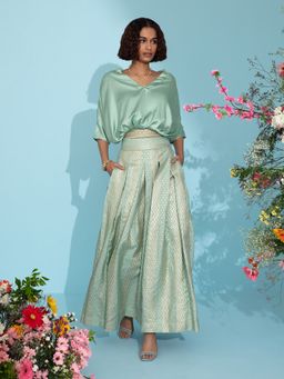 Gajra Gang - Banaras Mint Green Modal Satin Top & Brocade Skirt GGLEH50 (Set of 2)