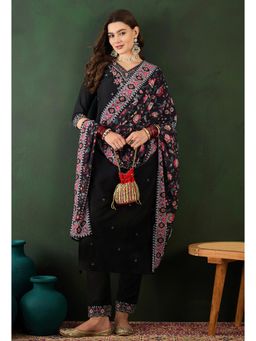 KVS FAB - Black Roman Silk Floral Embroidered Kurta with Pant and Printed Dupatta (Set of 3)