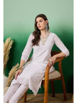 KVS FAB - White Georgette Schiffli Zari Embroidered Kurta with Pant (Set of 2)