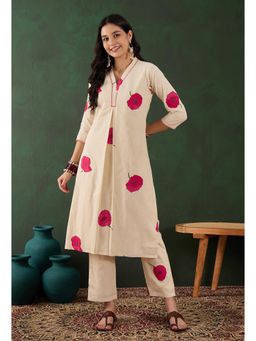 KVS FAB - Cream Cotton Hand Worked Floral Printed Kurta with Pant (Set of 3)