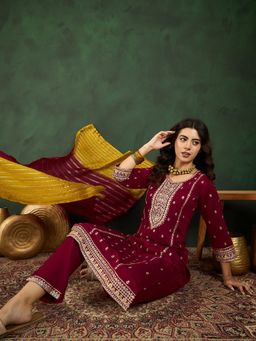 KVS FAB - Maroon Tussar Silk Zari Embroidered Kurta with Pant and Dupatta (Set of 3)